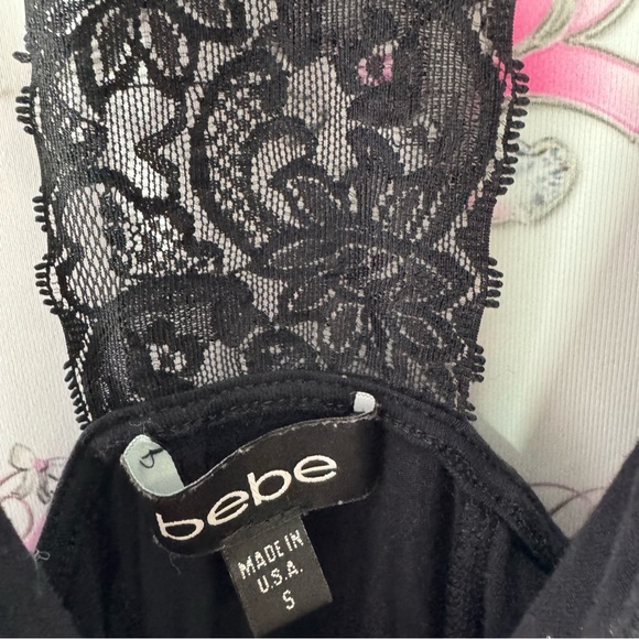 Bebe tank top lace racer back black cinched sides bling Swarovski crystal logo - Picture 5 of 7